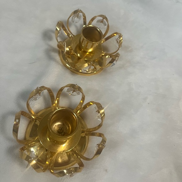 Vintage Gold Candle Votives Flower Shaped with dangling crystals, in good shape - Picture 4 of 6